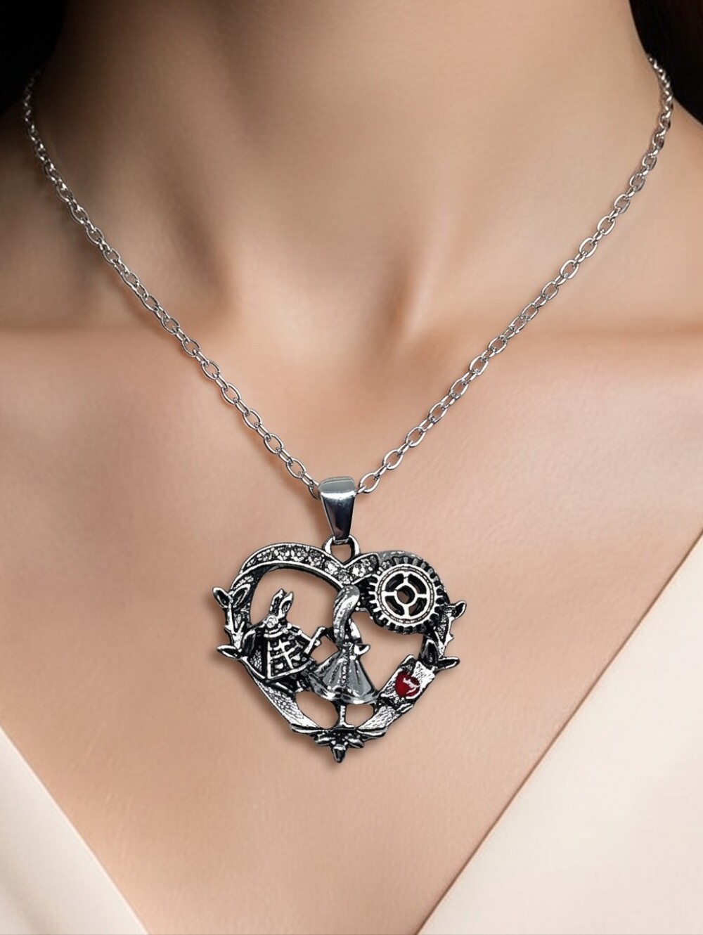 Alice in Wonderland Heart Necklace White Rabbit Ace Playing Card Pendant Gift
